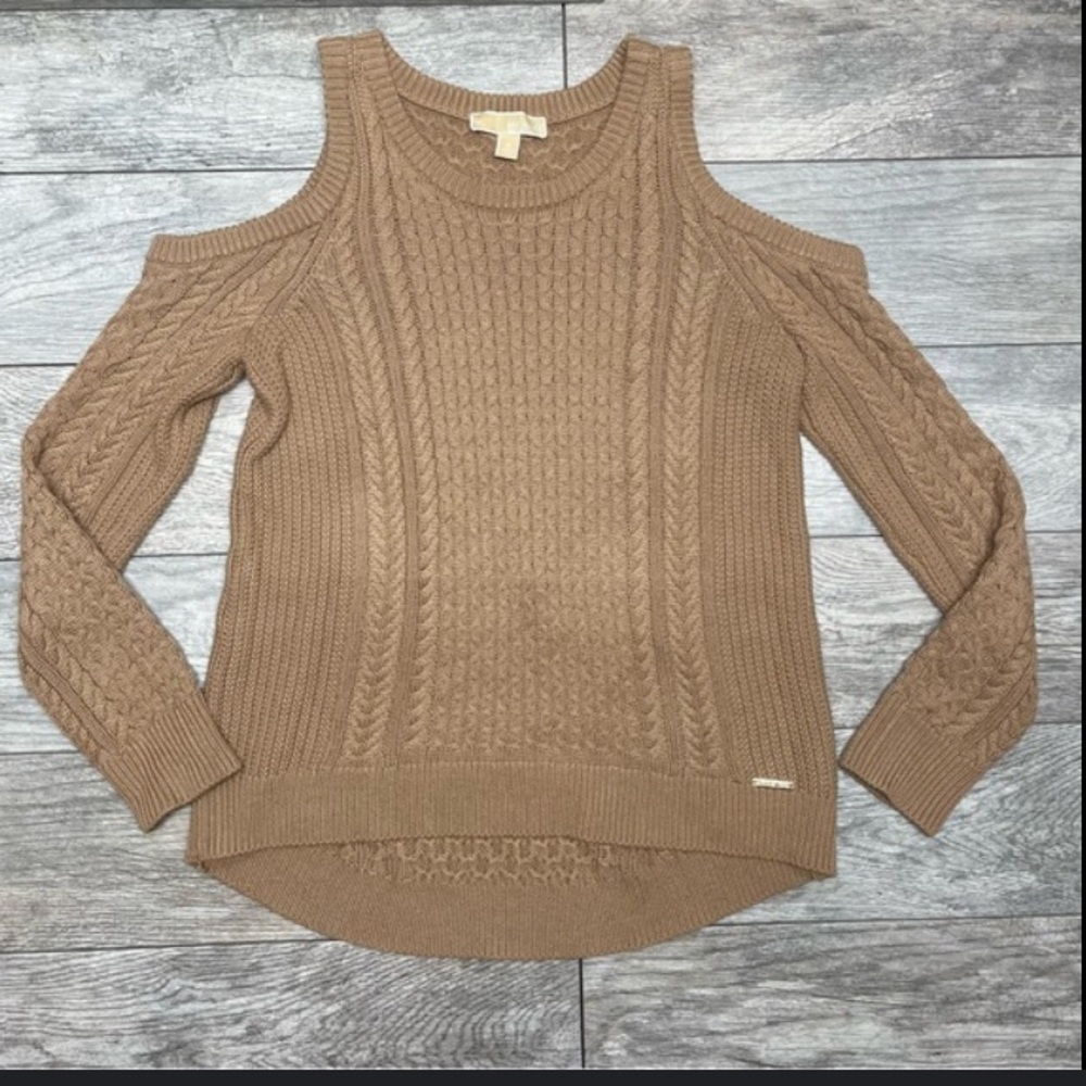 Michael Kors- tan color cable knit cold-shoulder sweater